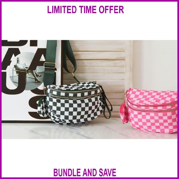 Checkered Crossbody Bag Nylon Fanny Pack Adjustable Strap 10.3x9x3.9in - Picture 8 of 8